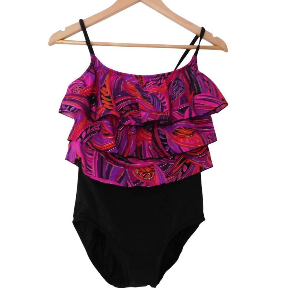 Robbie Len Swimsuit Tiered Top Ruffles Tropical‎ Black Slimming Tummy Control 12